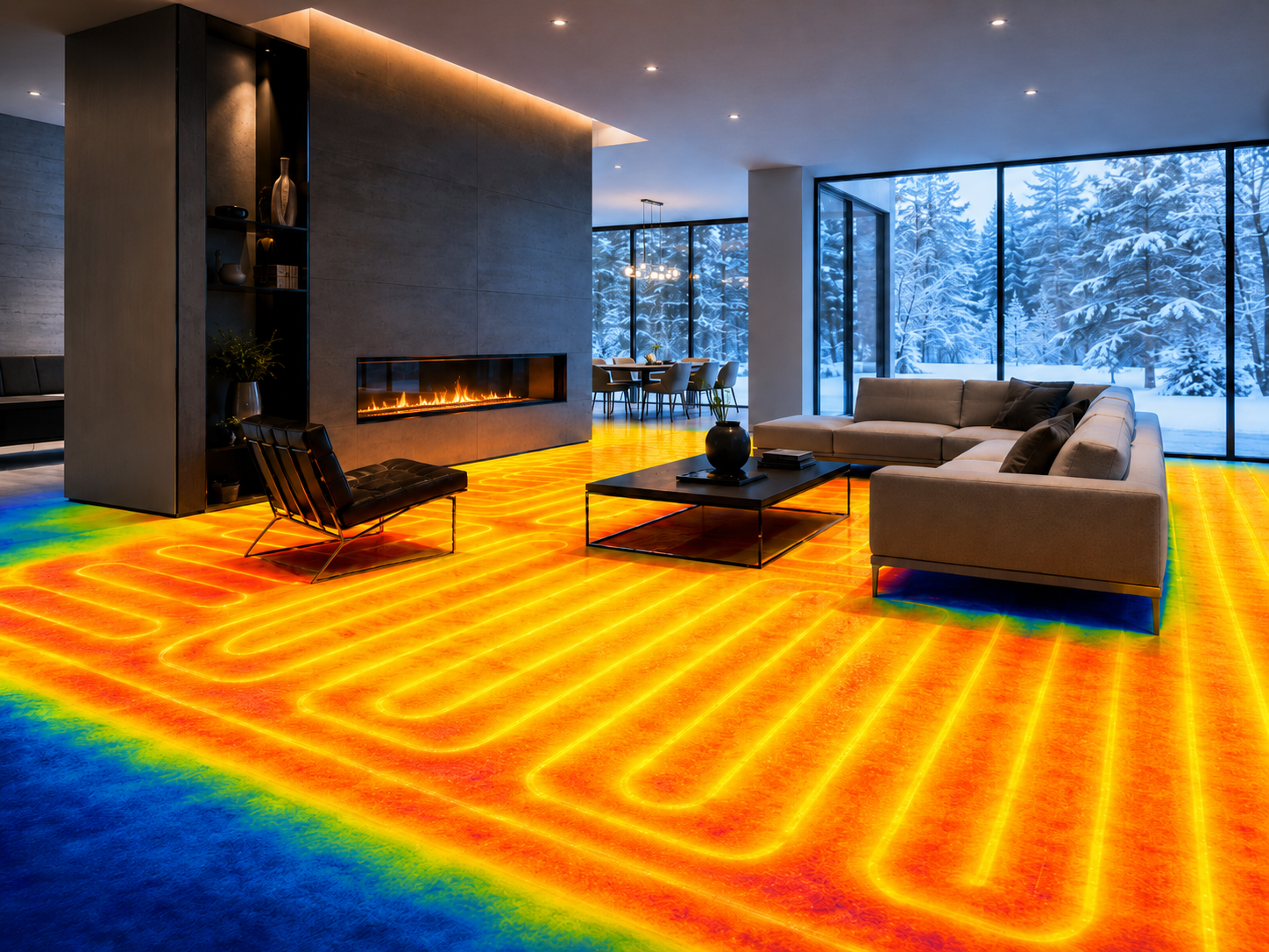 Modern living room with radiant heated floors
