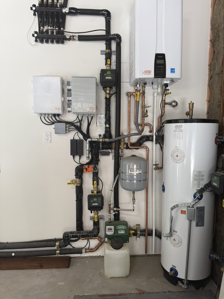 Mechanical room with manifold, boiler, and indirect tank