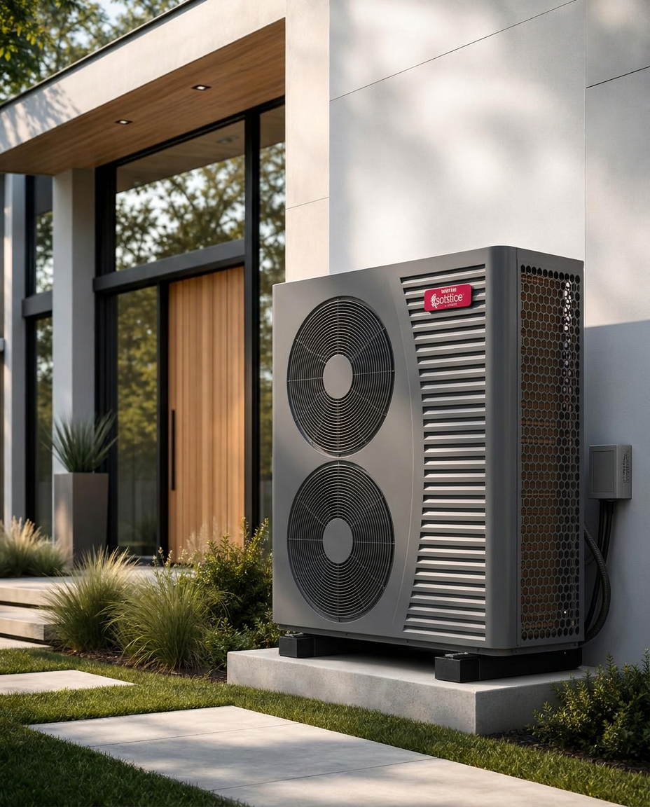 SpacePak Solstice R32 Series air-to-water heat pump installed outside a modern home